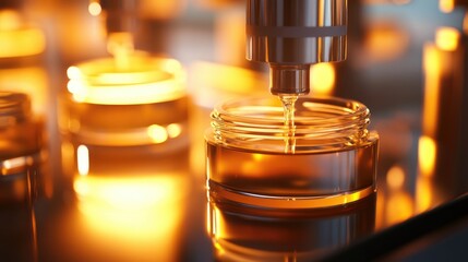 Amber Liquid Filling Cosmetic Jars: Automated Production Line Close-Up