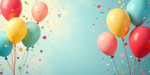 A celebratory scene featuring pastel-colored balloons ascending amidst a shower of confetti, creating a festive and joyful atmosphere.
