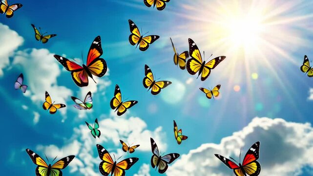 Colorful butterflies dance in a bright sky filled with clouds during a sunny day, A kaleidoscope of multicolored butterflies flying in front of heavenly sunlight
