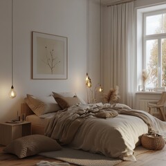 A cozy bedroom displaying a modern interior with various elements