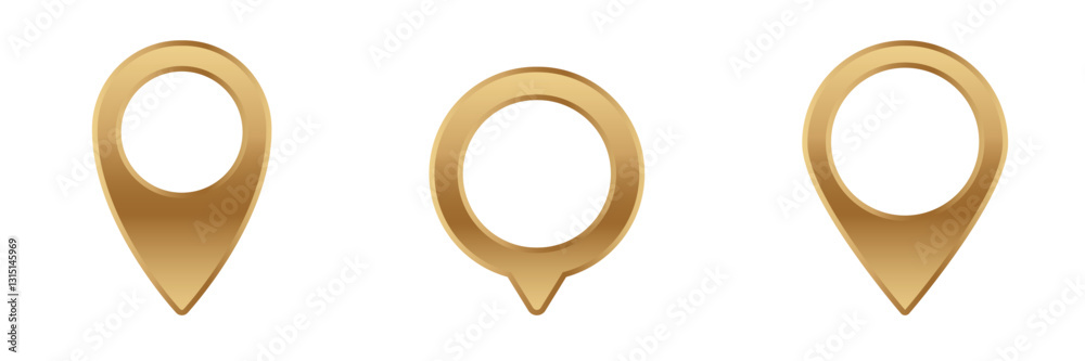 Poster set of three golden map marker icons symbolize navigation, useful for digital maps and interfaces.