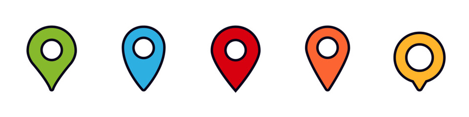 Five colorful location markers are shown, each in a distinct shape and color combination.