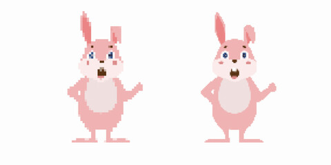 Two pixel art cartoon rabbits with pink fur and blue eyes, showing expressions of joy and surprise.