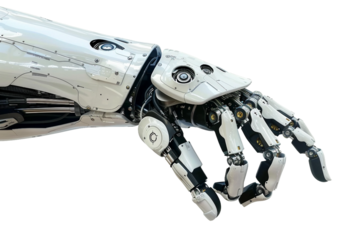 Futuristic robotic hand displaying a crossed fingers position symbolizing hope isolated on transparent background