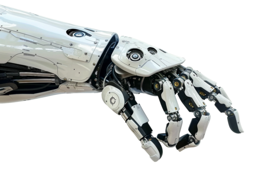 Futuristic robotic hand displaying a crossed fingers position symbolizing hope isolated on transparent background