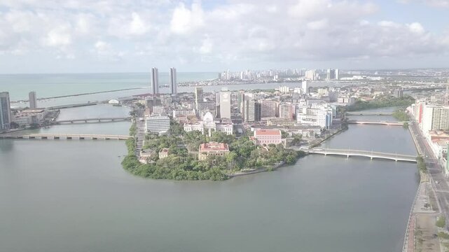 Aerial View of Recife Bridges, Capibaribe River, Pal&aacute;cio Campo das Princesas, Santa Isabel Theatre, Boats, City Hall, Water, Historic Houses