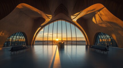 Sunset view through large arched windows in a modern wooden interior.