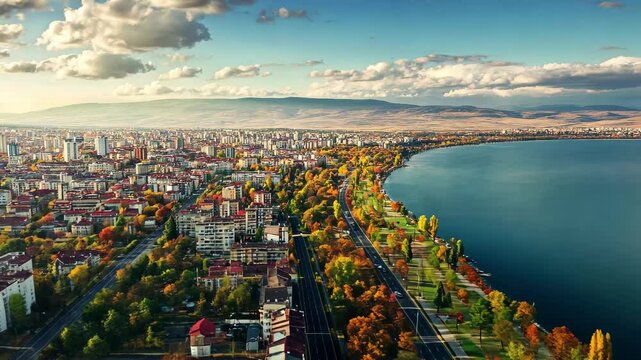 Stunning aerial view of Shtip in North Macedonia during autumn afternoon, Aerial view of the city Shtip in North Macedonia on a sunny day in autumn