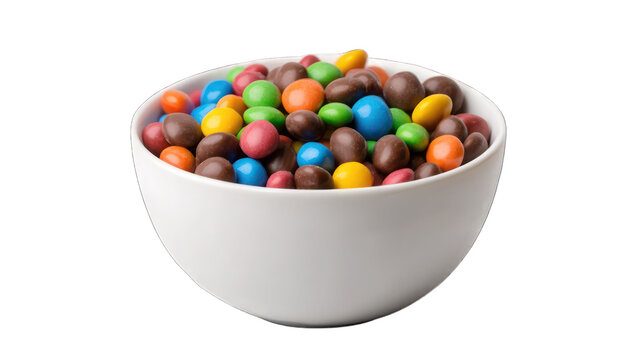 White ceramic bowl filled with colorful chocolate-coated candies