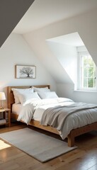 Bright white attic bedroom, sloped ceilings, natural light, interior design, white, relaxing