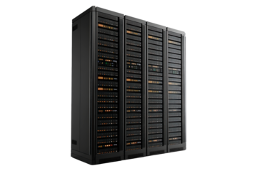 Server rack showcasing organized data storage isolated on transparent background