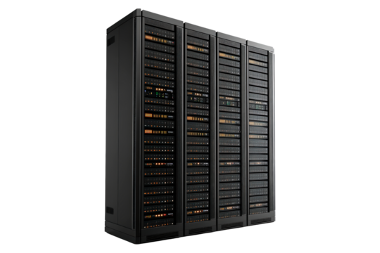 Server rack showcasing organized data storage isolated on transparent background