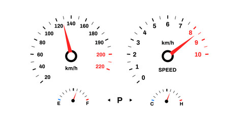 Naklejka premium Vehicle dashboard showing current speed in km h and fuel levels for efficient driving experience.