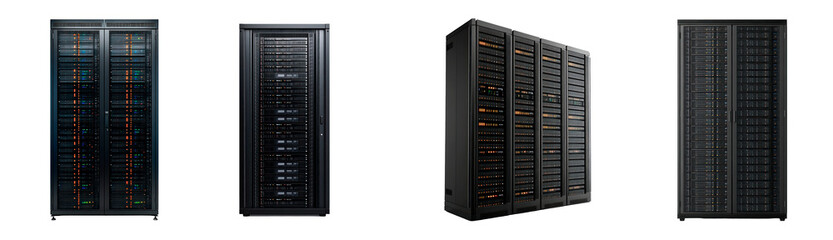 Set of server rack showcasing organized data storage isolated on transparent background