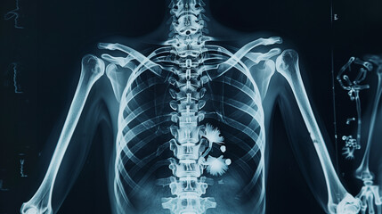 X-ray image of a human chest showing the ribcage, spine, and internal organs.