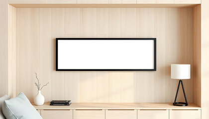 Simple minimal black horizontal frame mockup on light wood shelf, frame mock up in living room for design presentation, photo. with white shades