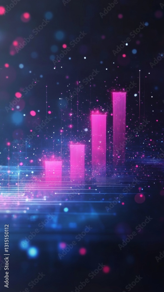 Poster colorful abstract data visualization with rising bar graphs and sparkling background
