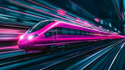 Fototapeta premium Pink high-speed train speeding through city tunnel at night; motion blur effect