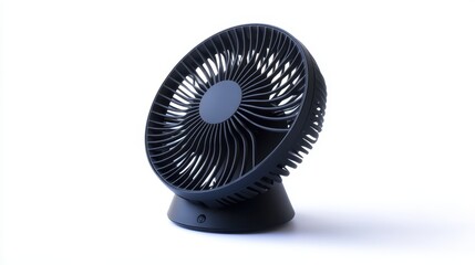 A close-up of a portable electric fan with adjustable speeds, on a white isolated background