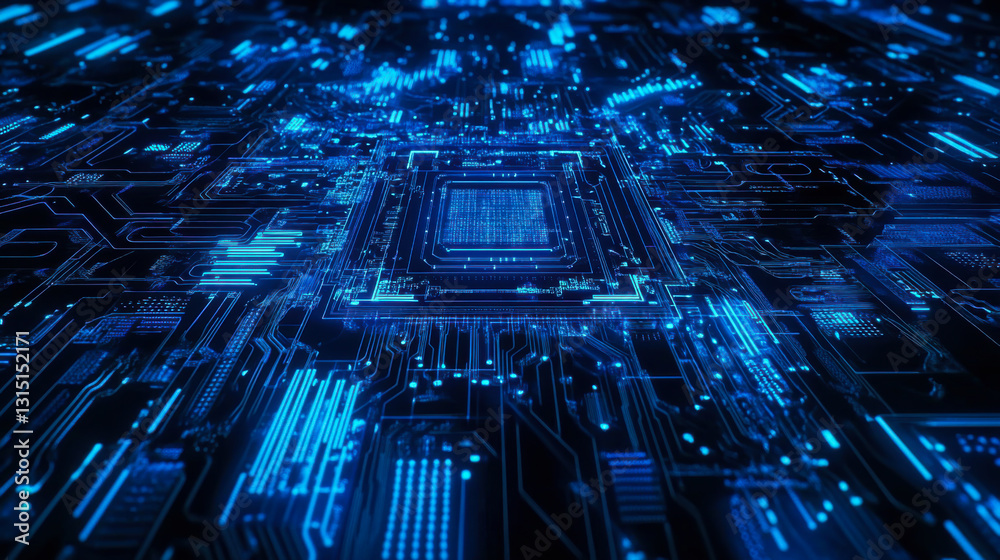 Poster digital circuit board illuminated with blue light showing intricate pathways and a central processin