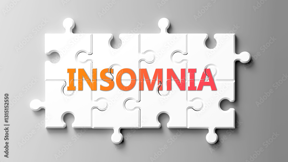 Poster Insomnia complex like a puzzle - pictured as word insomnia on a puzzle pieces to show that insomnia is complex and needs cooperating pieces that fit together. ,3d illustration