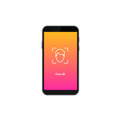 A smartphone screen shows a face id icon. the screen has a gradient with shades of orange and pink.