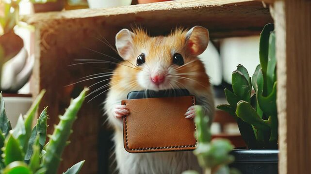 A cute hamster sits among green plants, holding a tiny book, creating a whimsical and charming scene. . High quality 4k footage