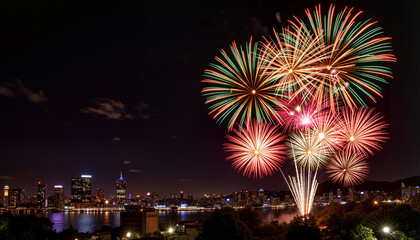 Fototapeta premium Vibrant fireworks display illuminating urban skyline at night, celebration