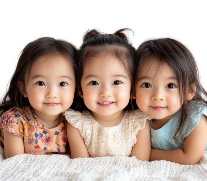 Playful portrait of three happy sisters isolated on transparent background, png