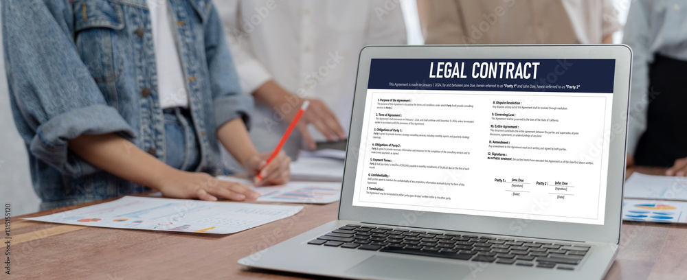 Poster digital legal contract provide terms and conditions document on computer screen ready for online dig