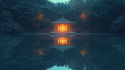Traditional Japanese Pavilion Reflected in Serene Lake