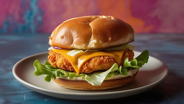 Delicious Crispy Chicken Sandwich with Lettuce, Cheese, and Brioche Bun on Plate - Perfect for Lunch or Dinner - High-Quality Food Photography for Culinary Enthusiasts