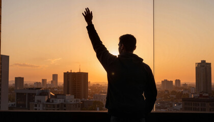 Fototapeta premium Man saluting at city rooftop sunset, triumphant reflection