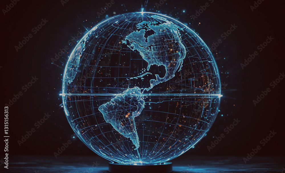 Poster globe with a blue and white design is lit up. the globe is surrounded by a dark background