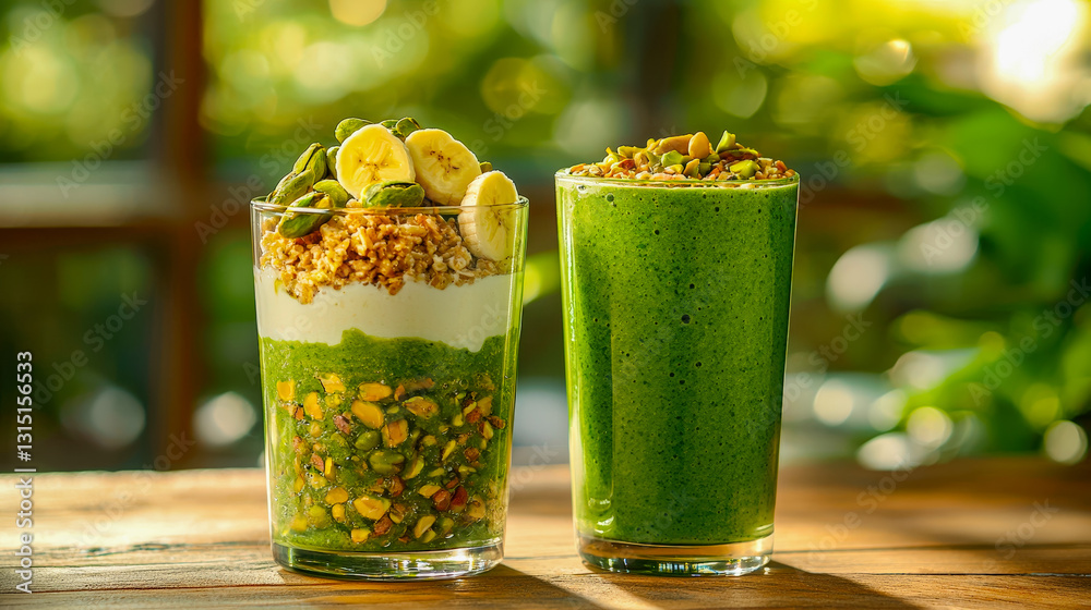 Poster a vibrant green smoothie and a layered parfait with granola and bananas are displayed on a wooden ta