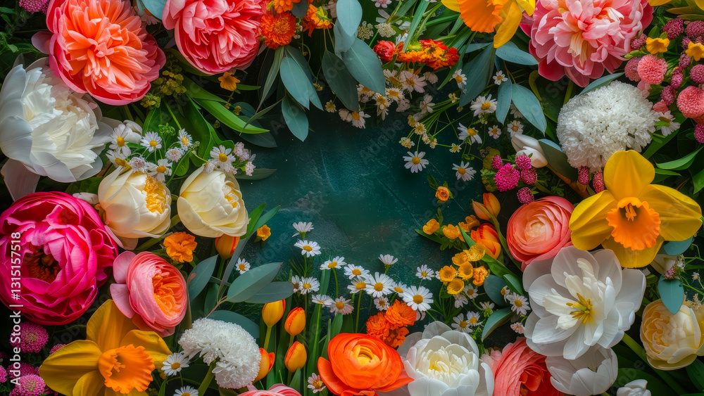 Poster Colorful spring flowers arranged in a circular pattern on a dark background showcasing vibrant hues and delicate textures