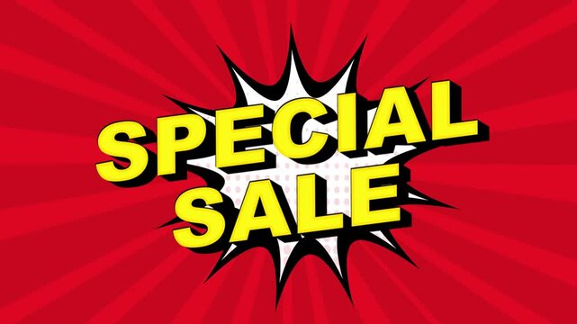Special Sale- Comic Pop Art text video 4K, chroma key version included. Vintage colorful cartoon animation with explosion of speech bubble message. Promo, offer, sale, market.
