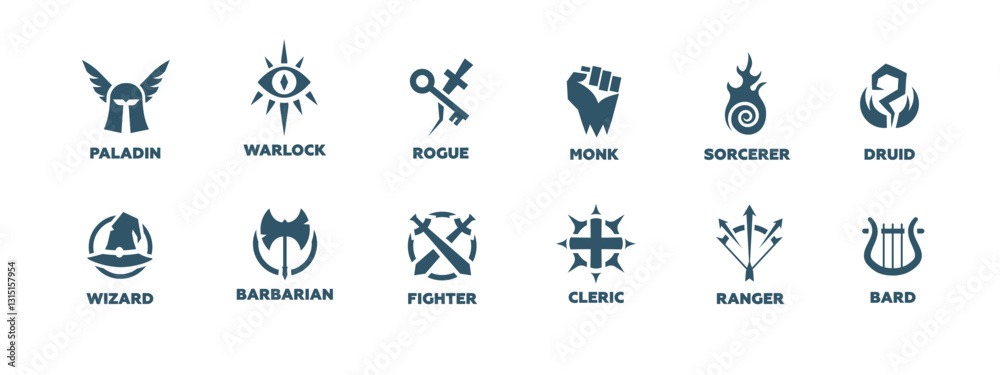 Fototapete twelve unique fantasy role-playing class symbols, each representing a distinct character type.