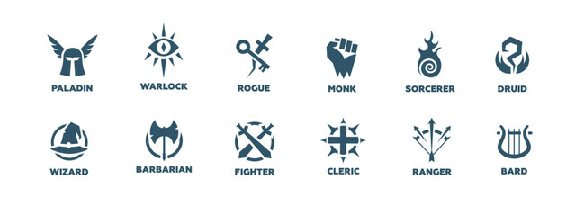 Twelve unique fantasy role-playing class symbols, each representing a distinct character type. © Богдан Скрипник
