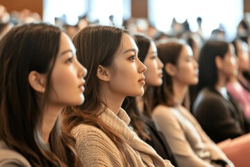 Obraz premium Group of women sitting in a room. One woman is wearing a white sweater. The other women are wearing black