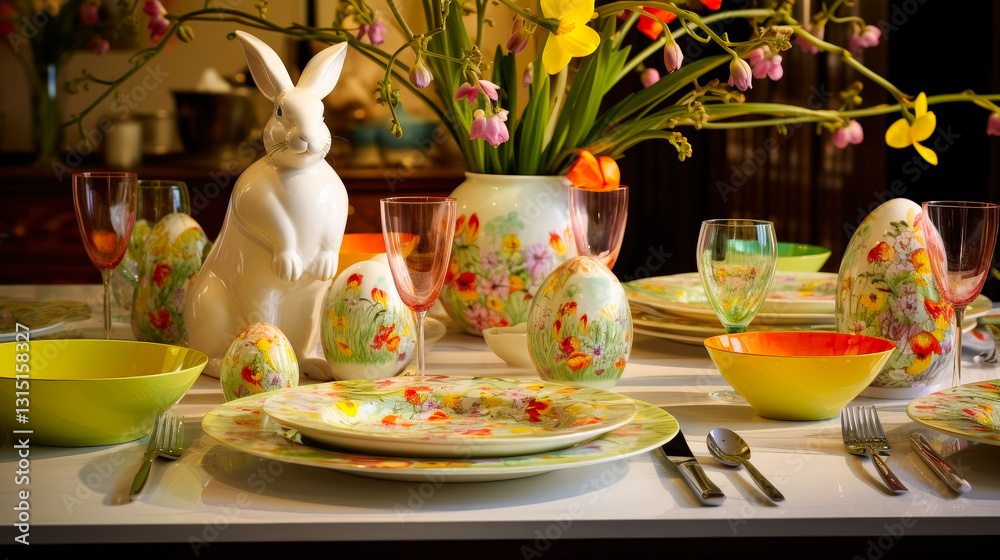 Poster elegant spring table setting featuring floral dishes and decorative bunny with colorful eggs