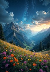 Fototapeta premium Starry Night Over the Alpine Valley