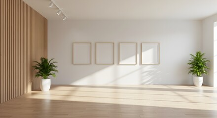 Fototapeta premium Bright and airy interior with wooden accents and blank picture frames awaiting artwork