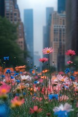 Beautiful colorful wild flowers in city in Spring.