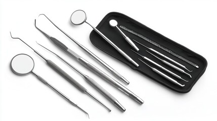 A set of dental instruments, including a probe and mirror, on a white isolated background