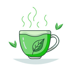 Steaming green tea cup with leaves