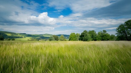 Fototapeta premium A grassy meadow is characterized by its simplicity, purity, verdant carpet, gentle sway of grass, and unspoiled nature with beauty of nature, generated with ai