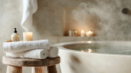 Deep soaking tub with warm water surrounded by soft towels and calming candles for a serene relaxation experience