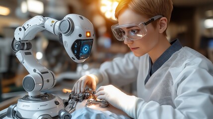 Cutting-edge AI robotic arm assists in delicate surgery in a high-tech hospital environment