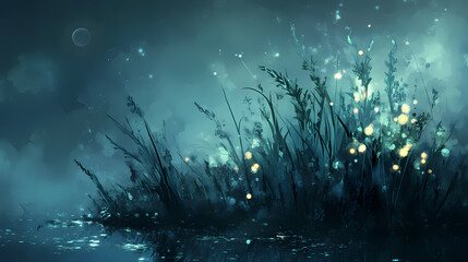 Softly glowing aquatic plants with ethereal lights amidst the water, misty, gentle, luminescent. luminescent - ocean. illustration. Ethereal - Moon. Illustration
